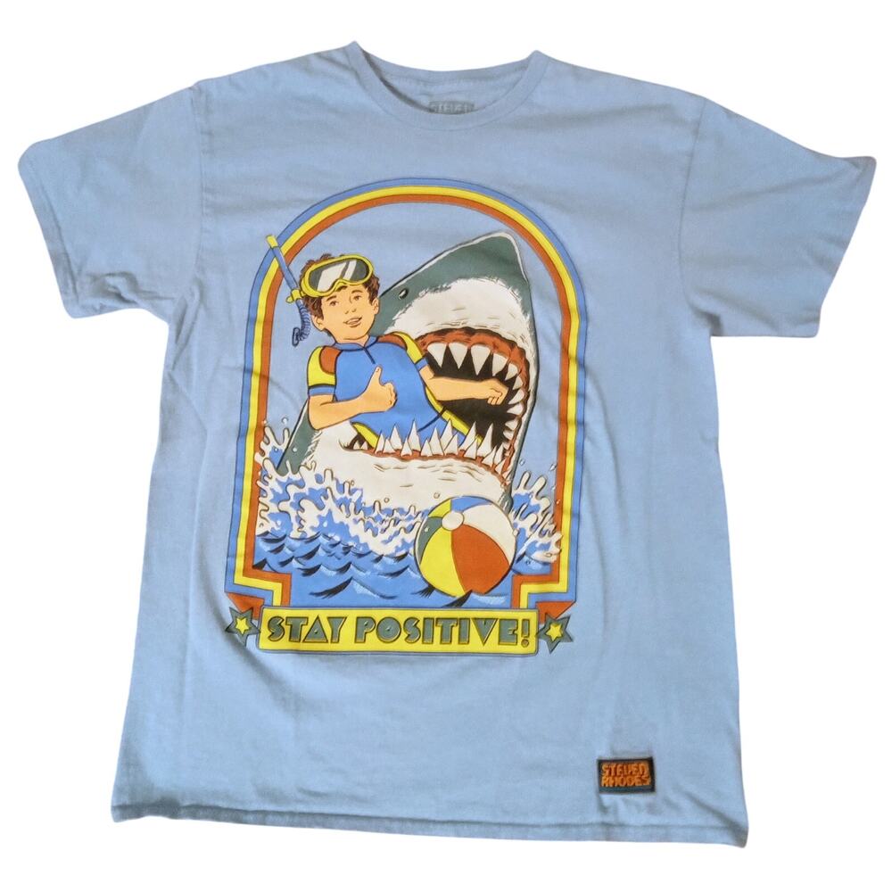 Steven Rhodes Stay Positive Retro Dark Humor Shark Graphic Tee Shirt Blue SZ M